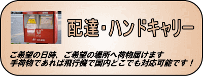 配達、ハンドキャリー。希望の日時、希望の場所へ荷物をお届けします。手荷物であれば飛行機で国内どこでも運びます。